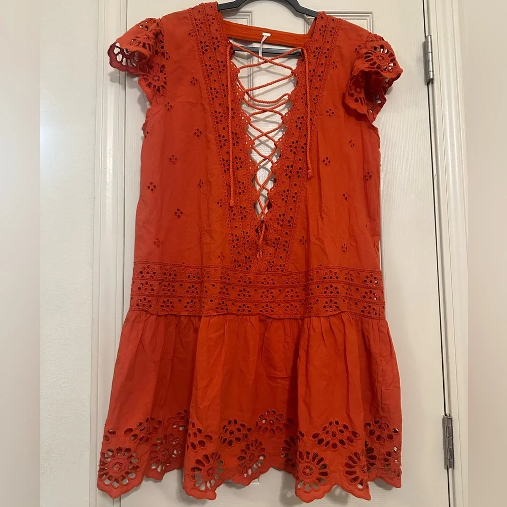 Free People Rust Orange Lace-Up Eyelet Mini Dress